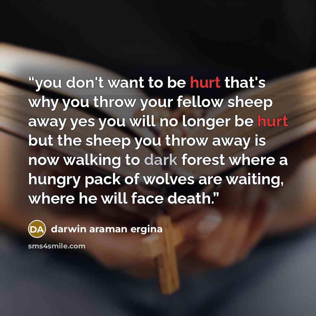 “you don't want to be hurt that's why you throw your fellow sheep away yes you will no longer be hurt but the sheep you throw away is now walking to dark forest where a hungry pack of wolves are waiting, where he will face death.” quote by darwin araman ergina