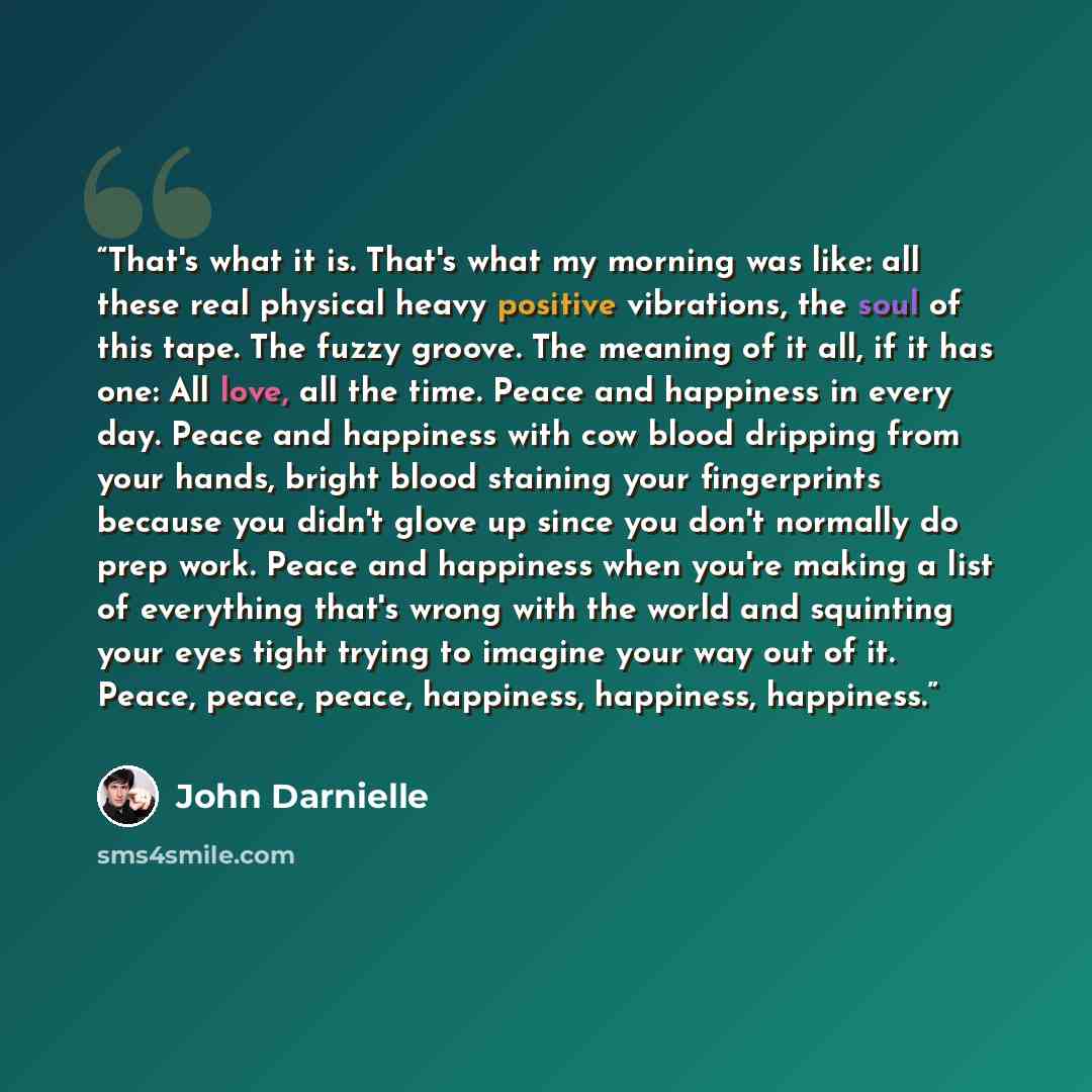 “That's what it is. That's what my morning was like: all these real physical heavy positive vibrations, the soul of this tape. The fuzzy groove. The meaning of it all, if it has one: All love, all the time. Peace and happiness in every day. Peace and happiness with cow blood dripping from your…” quote by John Darnielle