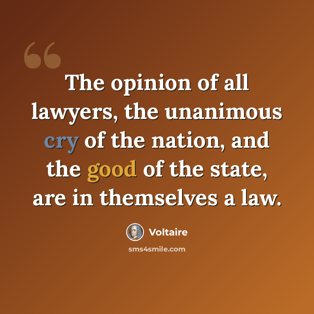 “The opinion of all lawyers, the unanimous cry of the nation, and the good of the state, are in themselves a law.” quote by Voltaire
