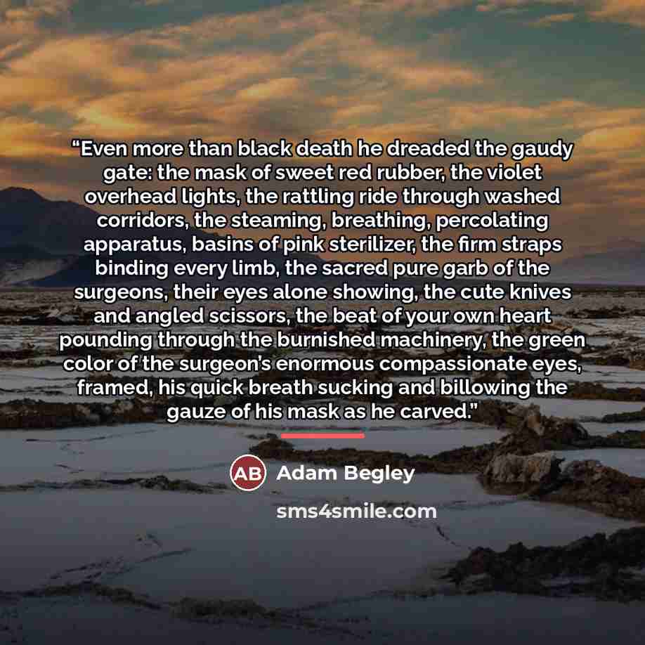 “Even more than black death he dreaded the gaudy gate: the mask of sweet red rubber, the violet overhead lights, the rattling ride through washed corridors, the steaming, breathing, percolating apparatus, basins of pink sterilizer, the firm straps binding every limb, the sacred pure garb of the…” quote by Adam Begley
