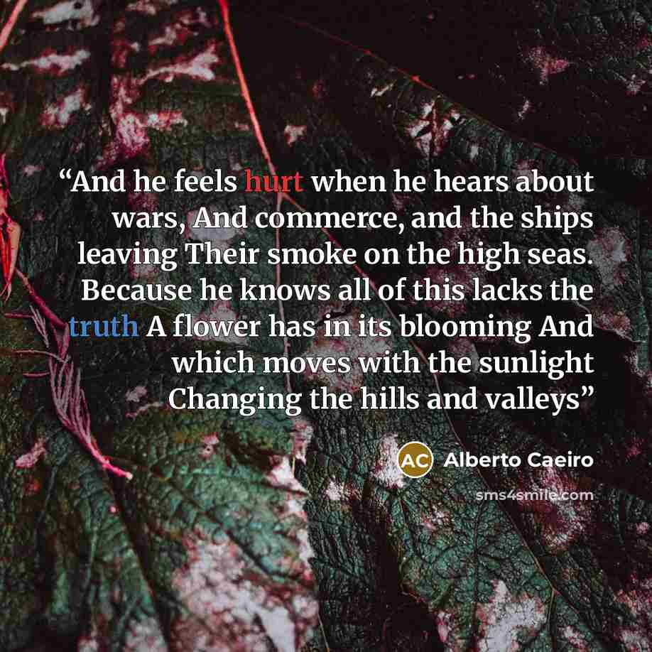 “And he feels hurt when he hears about wars, And commerce, and the ships leaving Their smoke on the high seas. Because he knows all of this lacks the truth A flower has in its blooming And which moves with the sunlight Changing the hills and valleys” quote by Alberto Caeiro