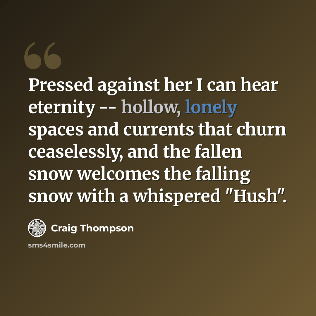 “Pressed against her I can hear eternity -- hollow, lonely spaces and currents that churn ceaselessly, and the fallen snow welcomes the falling snow with a whispered "Hush".” quote by Craig Thompson