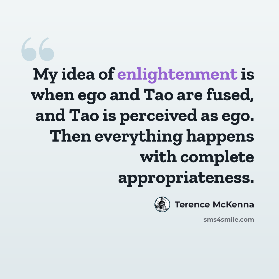 “My idea of enlightenment is when ego and Tao are fused, and Tao is perceived as ego. Then everything happens with complete appropriateness.” quote by Terence McKenna
