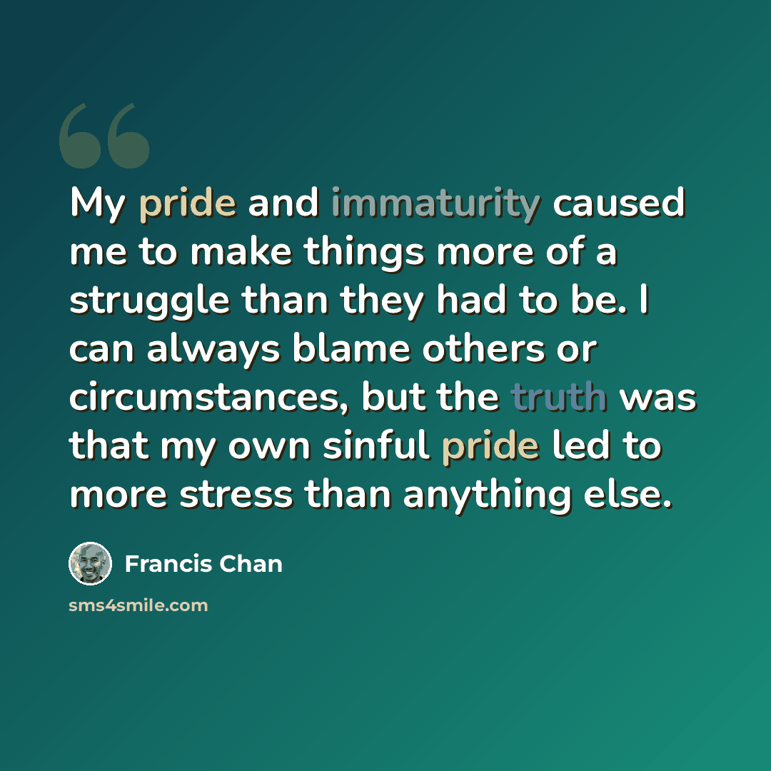 “My pride and immaturity caused me to make things more of a struggle than they had to be. I can always blame others or circumstances, but the truth was that my own sinful pride led to more stress than anything else.” quote by Francis Chan