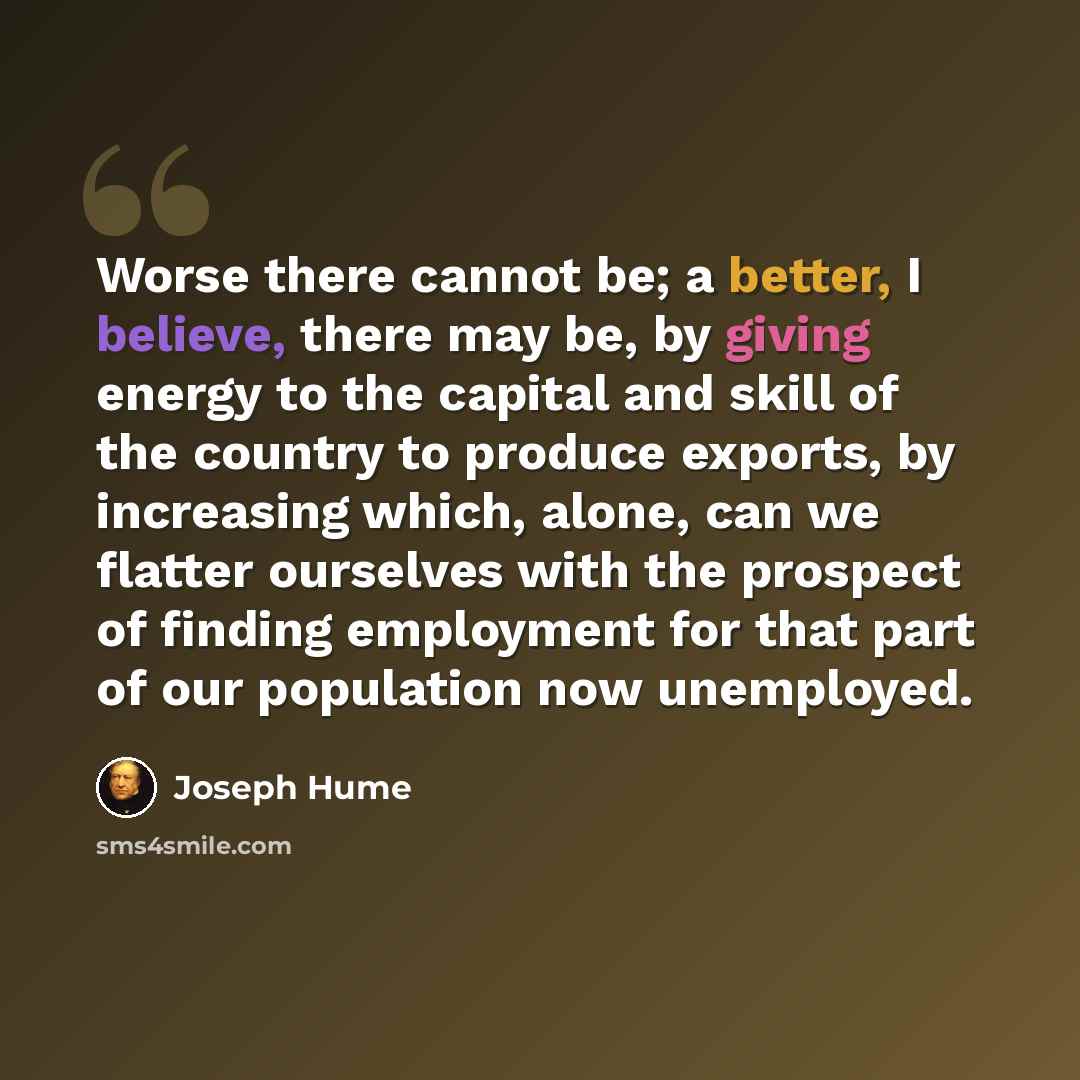 “Worse there cannot be; a better, I believe, there may be, by giving energy to the capital and skill of the country to produce exports, by increasing which, alone, can we flatter ourselves with the prospect of finding employment for that part of our population now unemployed.” quote by Joseph Hume