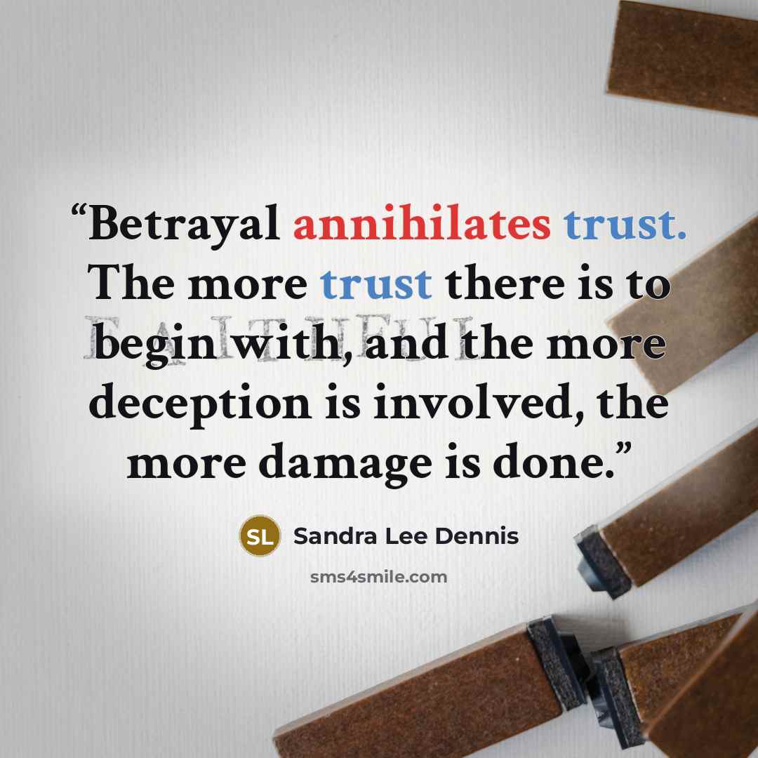 “Betrayal annihilates trust. The more trust there is to begin with, and the more deception is involved, the more damage is done.” quote by Sandra Lee Dennis