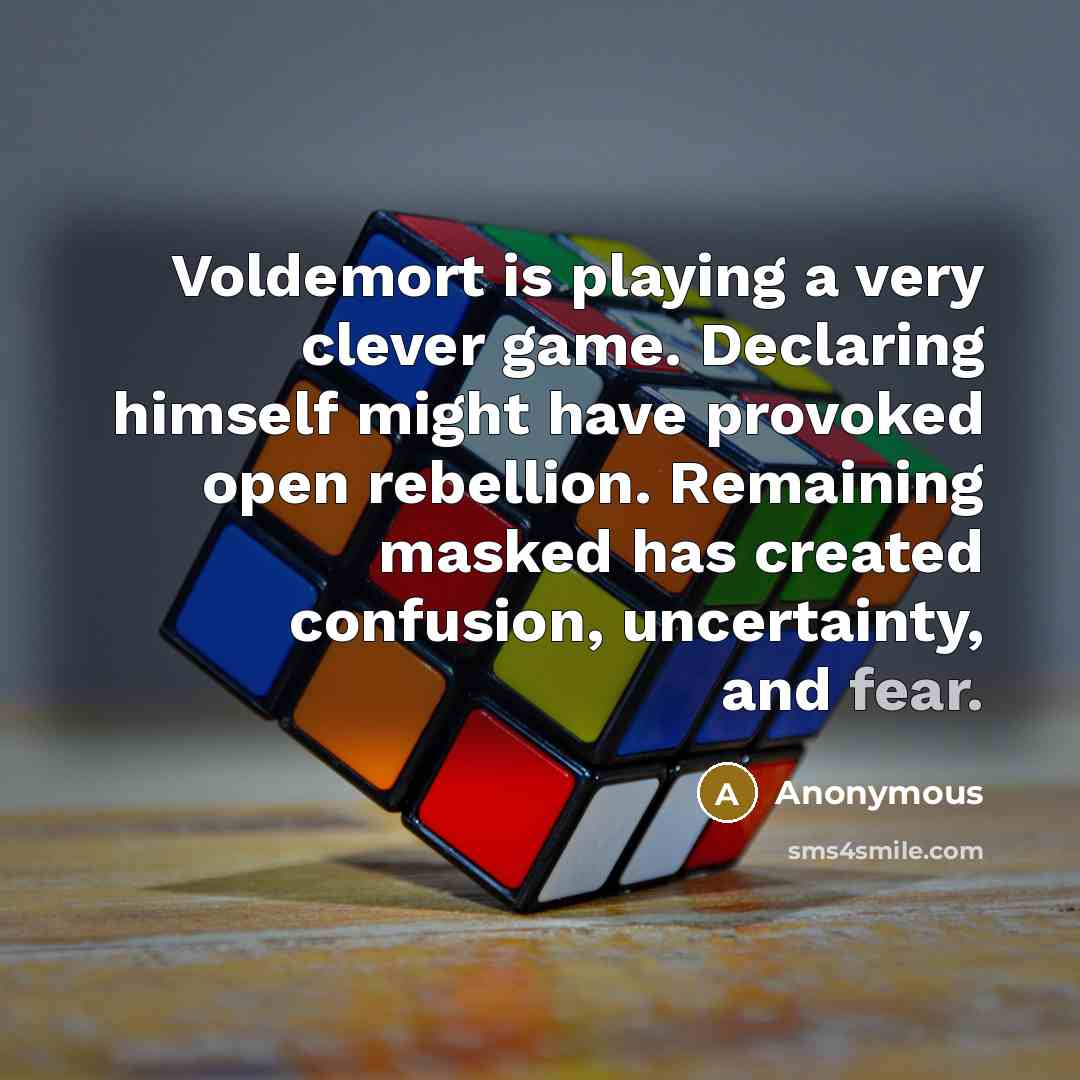 “Voldemort is playing a very clever game. Declaring himself might have provoked open rebellion. Remaining masked has created confusion, uncertainty, and fear.” quote by Anonymous