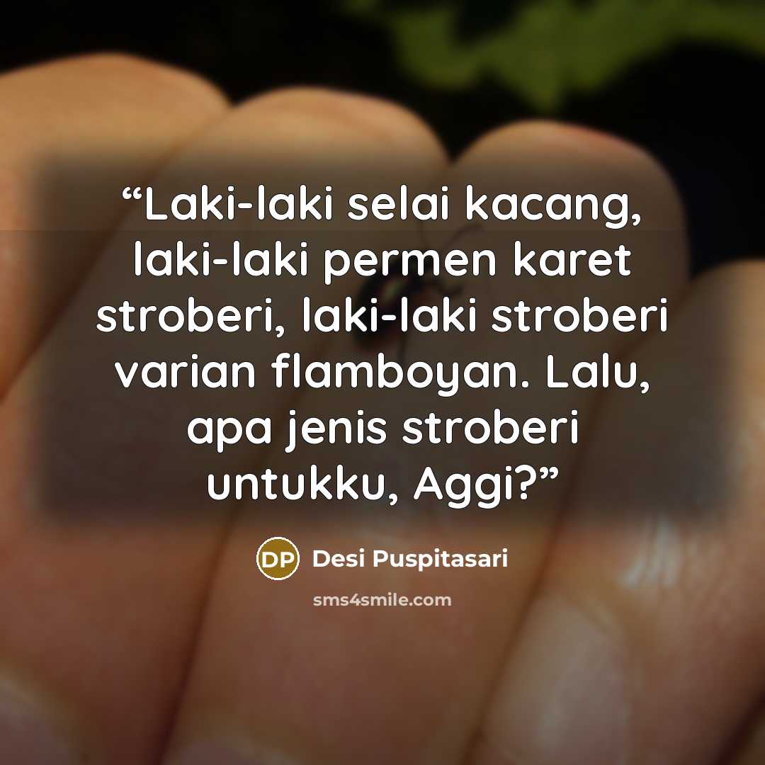 “Laki-laki selai kacang, laki-laki permen karet stroberi, laki-laki stroberi varian flamboyan. Lalu, apa jenis stroberi untukku, Aggi?” quote by Desi Puspitasari