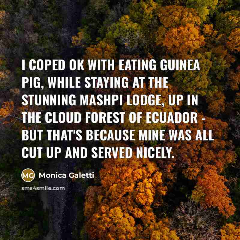 “I coped OK with eating guinea pig, while staying at the stunning Mashpi Lodge, up in the cloud forest of Ecuador - but that's because mine was all cut up and served nicely.” quote by Monica Galetti