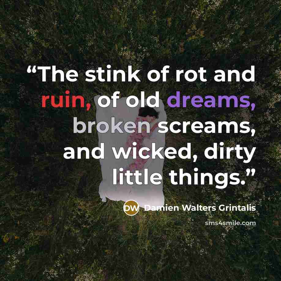 “The stink of rot and ruin, of old dreams, broken screams, and wicked, dirty little things.” quote by Damien Walters Grintalis