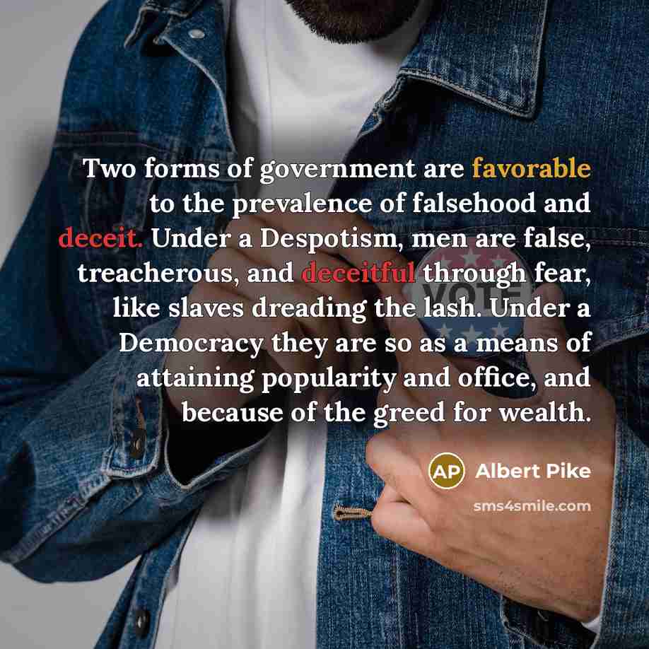 “Two forms of government are favorable to the prevalence of falsehood and deceit. Under a Despotism, men are false, treacherous, and deceitful through fear, like slaves dreading the lash. Under a Democracy they are so as a means of attaining popularity and office, and because of the greed for wealth.” quote by Albert Pike