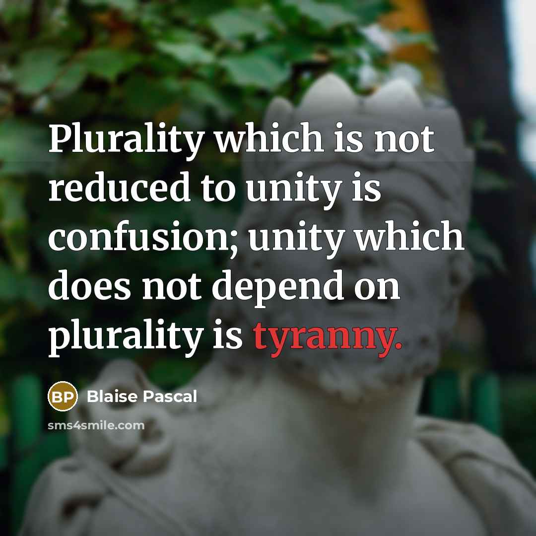 “Plurality which is not reduced to unity is confusion; unity which does not depend on plurality is tyranny.” quote by Blaise Pascal