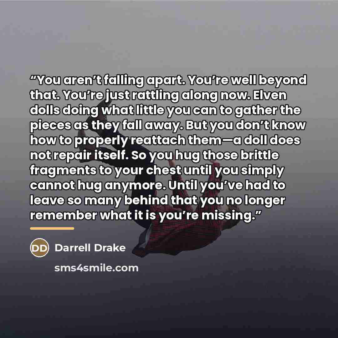 “You aren’t falling apart. You’re well beyond that. You’re just rattling along now. Elven dolls doing what little you can to gather the pieces as they fall away. But you don’t know how to properly reattach them—a doll does not repair itself. So you hug those brittle fragments to your chest until…” quote by Darrell Drake