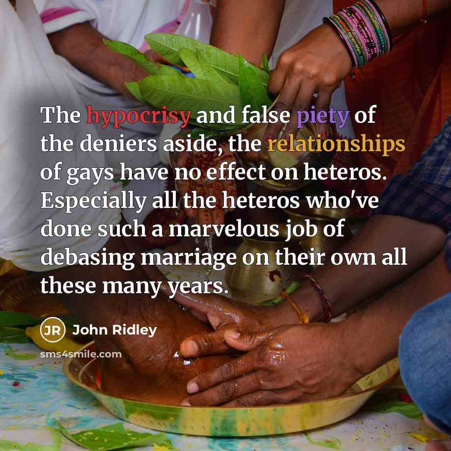 “The hypocrisy and false piety of the deniers aside, the relationships of gays have no effect on heteros. Especially all the heteros who've done such a marvelous job of debasing marriage on their own all these many years.” quote by John Ridley