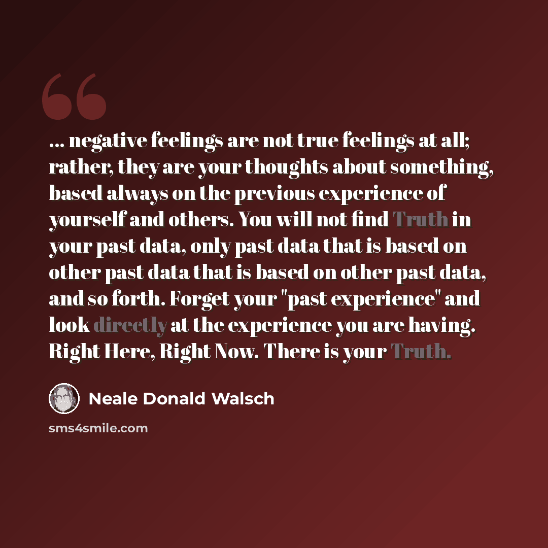 “... negative feelings are not true feelings at all; rather, they are your thoughts about something, based always on the previous experience of yourself and others. You will not find Truth in your past data, only past data that is based on other past data that is based on other past data, and so…” quote by Neale Donald Walsch