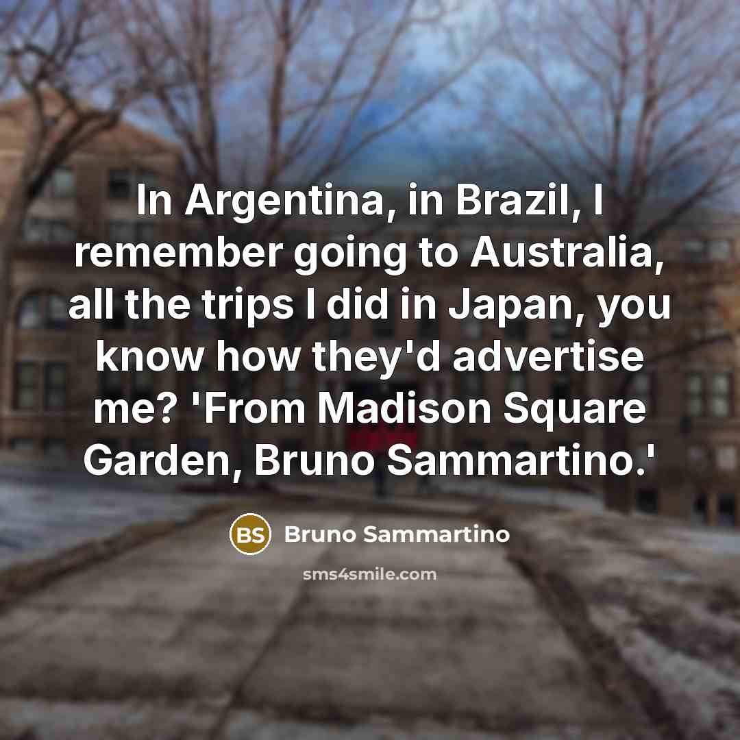 “In Argentina, in Brazil, I remember going to Australia, all the trips I did in Japan, you know how they'd advertise me? 'From Madison Square Garden, Bruno Sammartino.'” quote by Bruno Sammartino