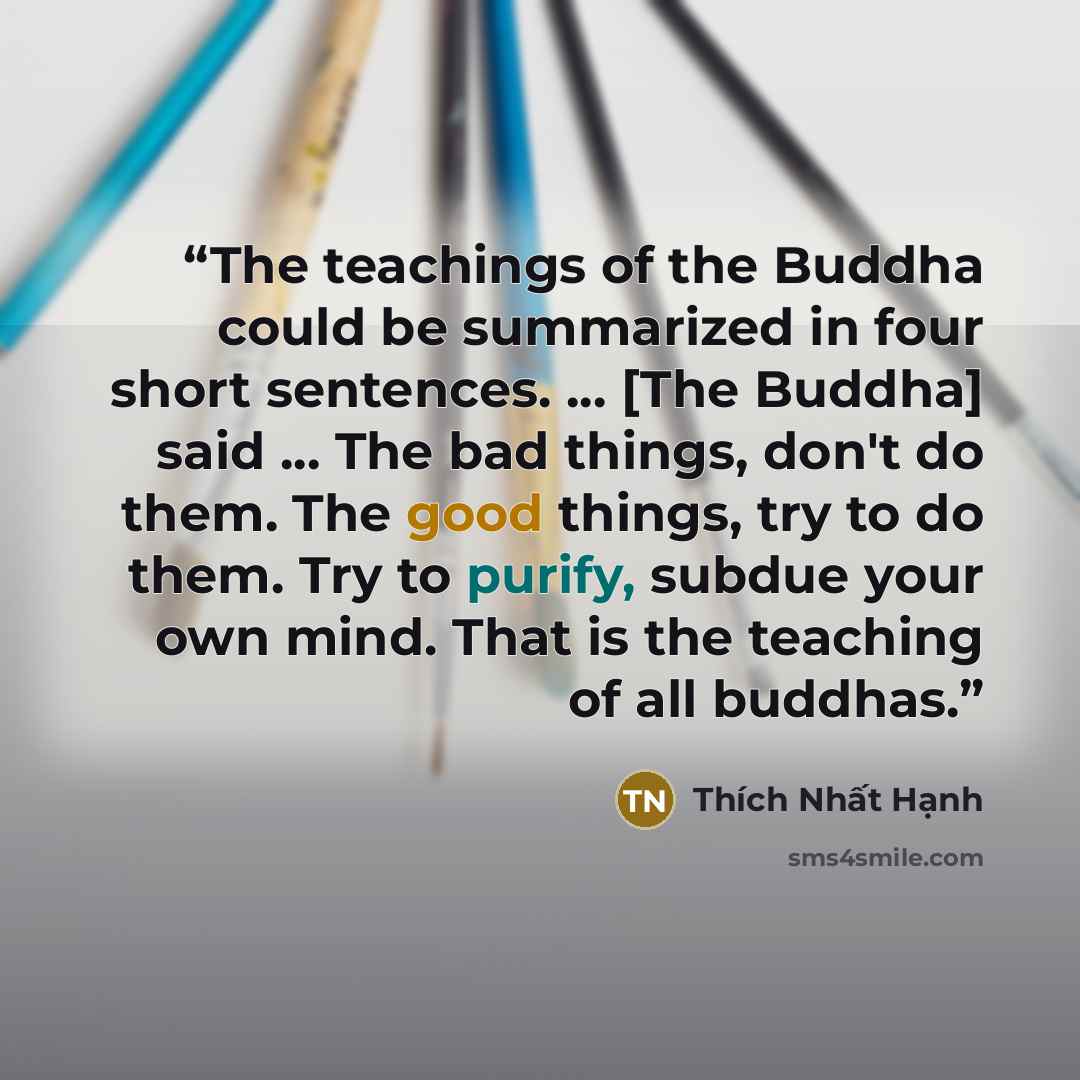 “The teachings of the Buddha could be summarized in four short sentences. ... [The Buddha] said ... The bad things, don't do them. The good things, try to do them. Try to purify, subdue your own mind. That is the teaching of all buddhas.” quote by Thich Nhat Hanh