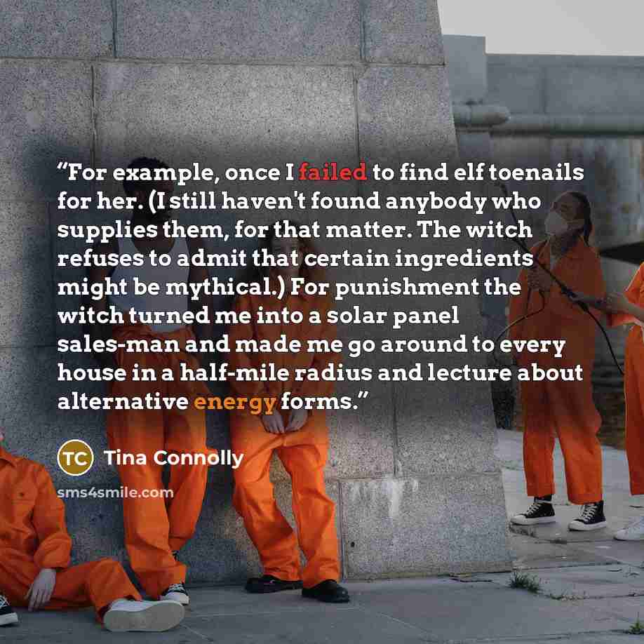 “For example, once I failed to find elf toenails for her. (I still haven't found anybody who supplies them, for that matter. The witch refuses to admit that certain ingredients might be mythical.) For punishment the witch turned me into a solar panel sales-man and made me go around to every house…” quote by Tina Connolly