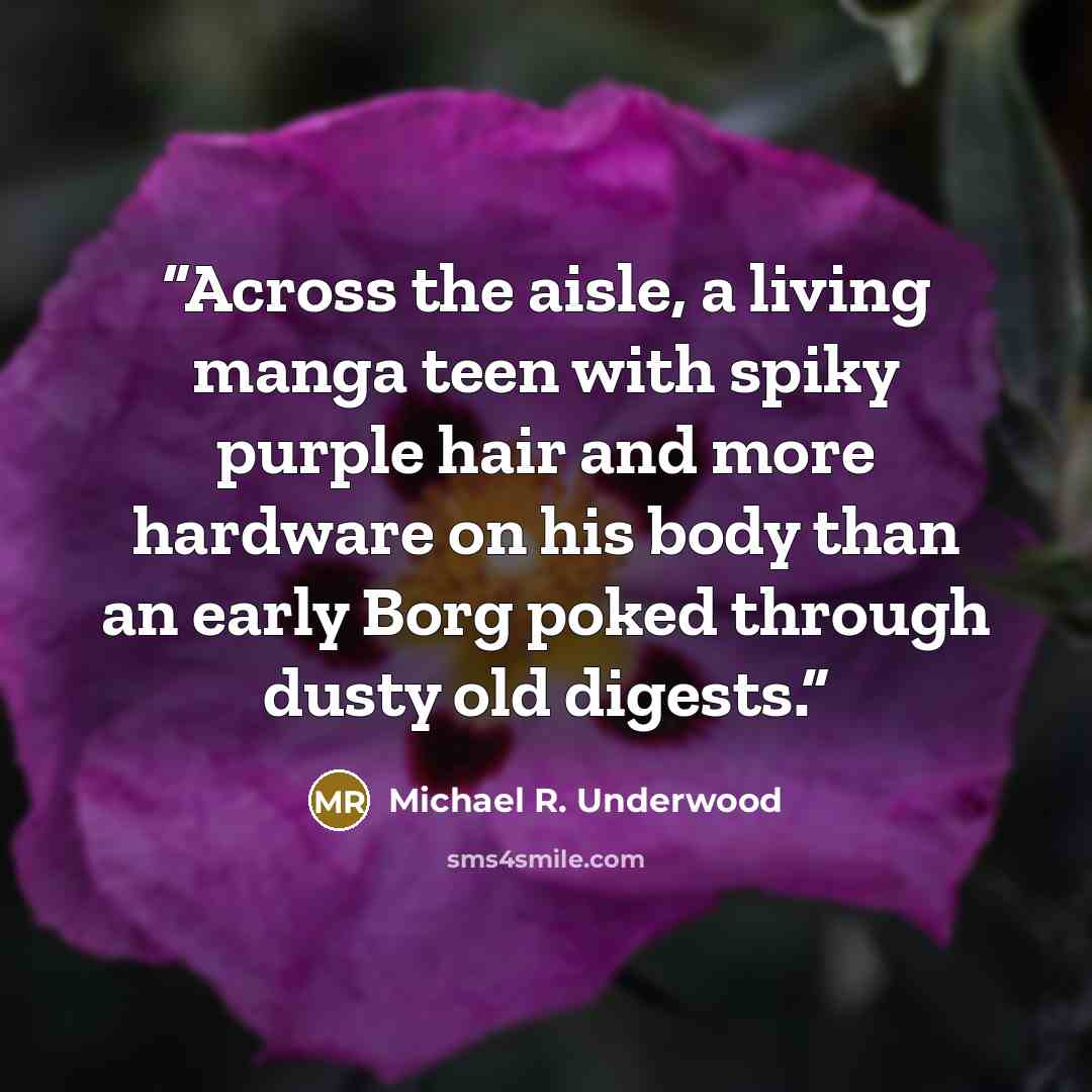 “Across the aisle, a living manga teen with spiky purple hair and more hardware on his body than an early Borg poked through dusty old digests.” quote by Michael R. Underwood