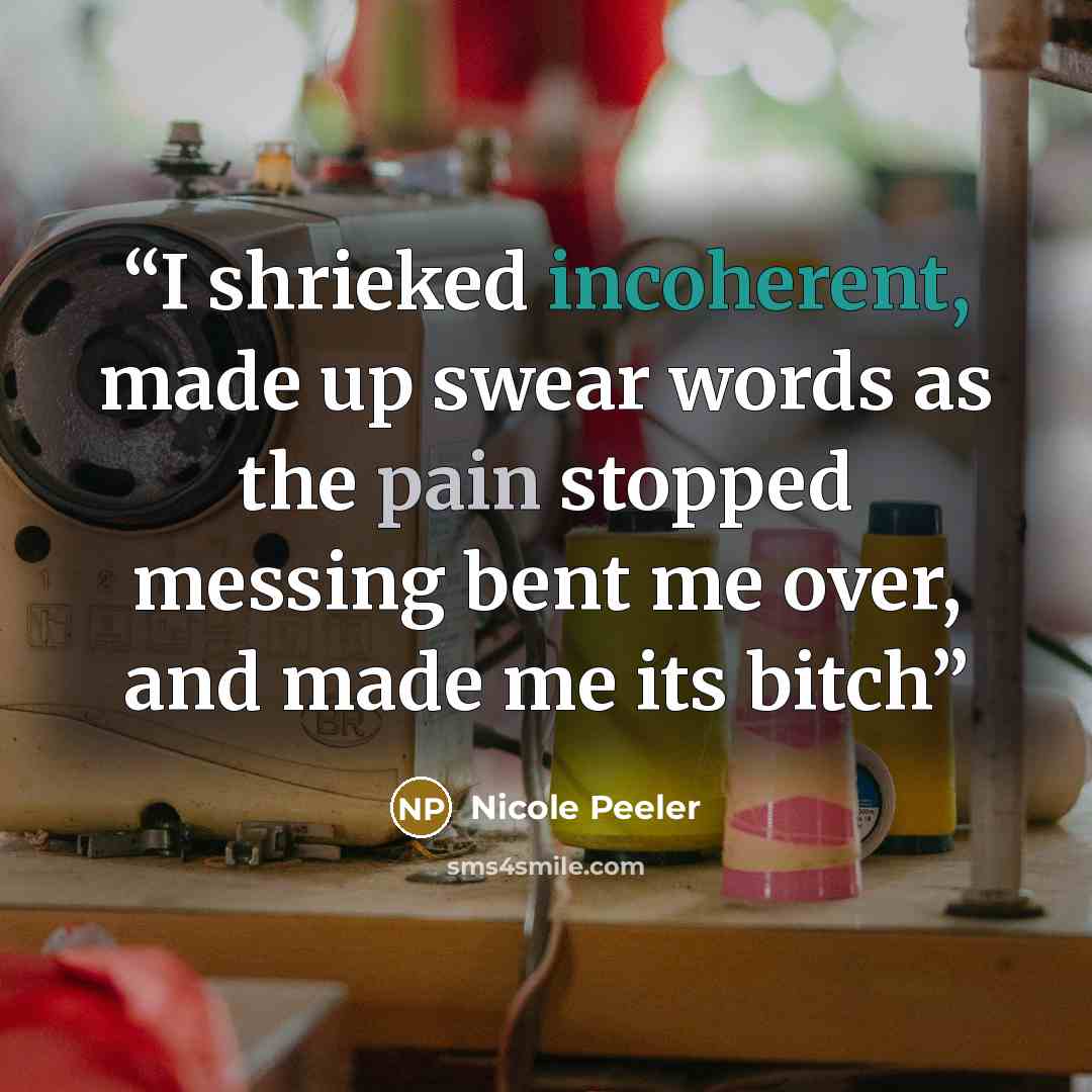“I shrieked incoherent, made up swear words as the pain stopped messing bent me over, and made me its bitch” quote by Nicole Peeler