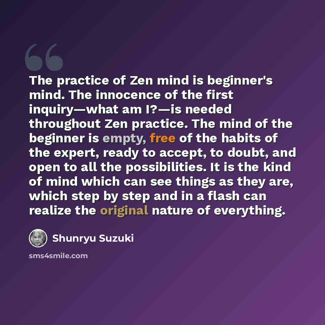 “The practice of Zen mind is beginner's mind. The innocence of the first inquiry—what am I?—is needed throughout Zen practice. The mind of the beginner is empty, free of the habits of the expert, ready to accept, to doubt, and open to all the possibilities. It is the kind of mind which can see…” quote by Shunryu Suzuki