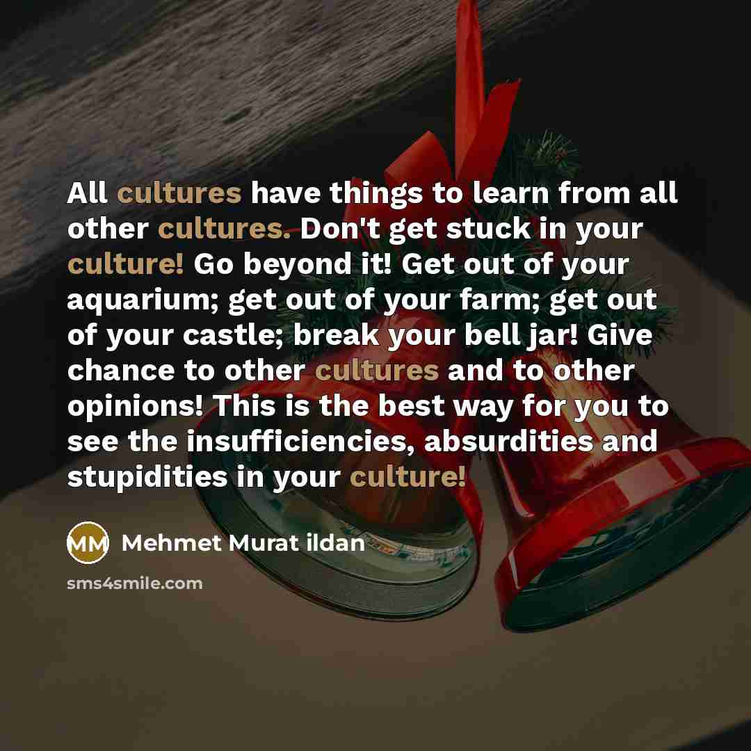 “All cultures have things to learn from all other cultures. Don't get stuck in your culture! Go beyond it! Get out of your aquarium; get out of your farm; get out of your castle; break your bell jar! Give chance to other cultures and to other opinions! This is the best way for you to see the…” quote by Mehmet Murat Ildan