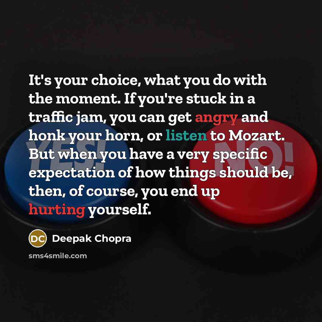 “It's your choice, what you do with the moment. If you're stuck in a traffic jam, you can get angry and honk your horn, or listen to Mozart. But when you have a very specific expectation of how things should be, then, of course, you end up hurting yourself.” quote by Deepak Chopra