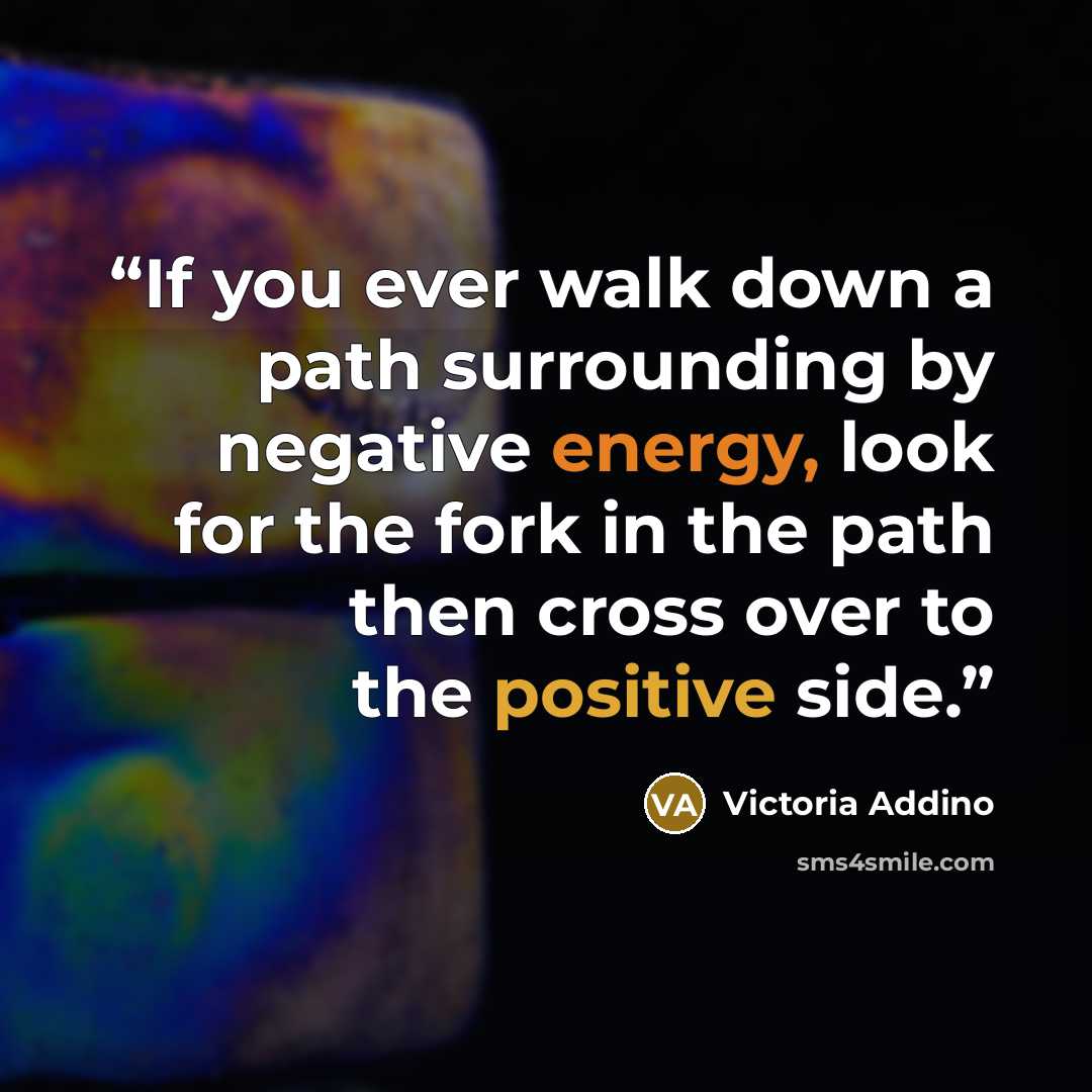 “If you ever walk down a path surrounding by negative energy, look for the fork in the path then cross over to the positive side.” quote by Victoria Addino