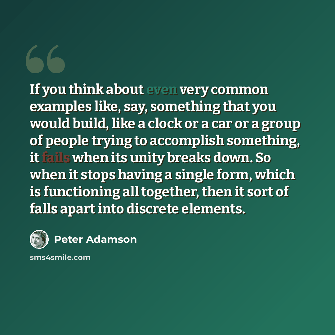 “If you think about even very common examples like, say, something that you would build, like a clock or a car or a group of people trying to accomplish something, it fails when its unity breaks down. So when it stops having a single form, which is functioning all together, then it sort of falls…” quote by Peter Adamson