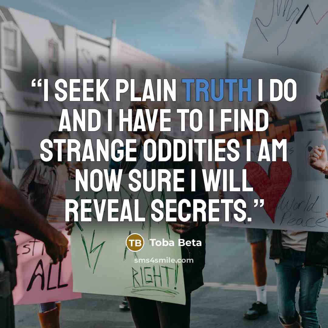 “I seek plain truth I do and I have to I find strange oddities I am now sure I will reveal secrets.” quote by Toba Beta