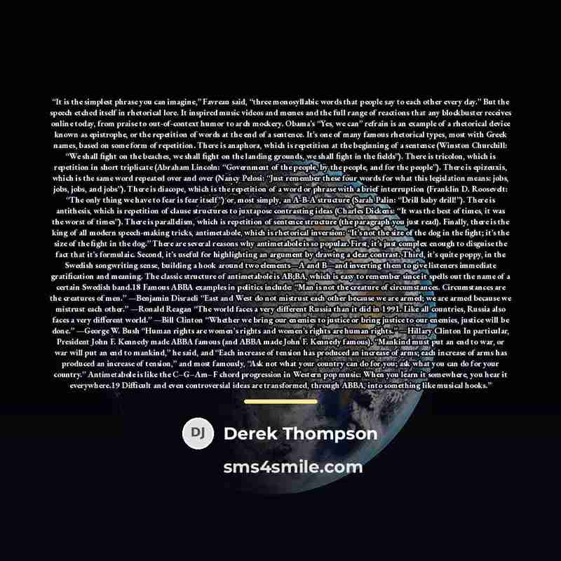 “It is the simplest phrase you can imagine,” Favreau said, “three monosyllabic words that people say to each other every day.” But the speech etched itself in rhetorical lore. It inspired music videos and memes and the full range of reactions that any blockbuster receives online today, from praise…” quote by Derek Thompson