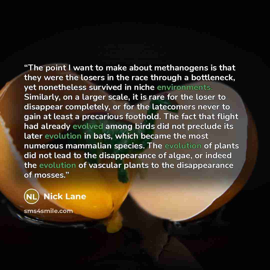 “The point I want to make about methanogens is that they were the losers in the race through a bottleneck, yet nonetheless survived in niche environments. Similarly, on a larger scale, it is rare for the loser to disappear completely, or for the latecomers never to gain at least a precarious…” quote by Nick Lane