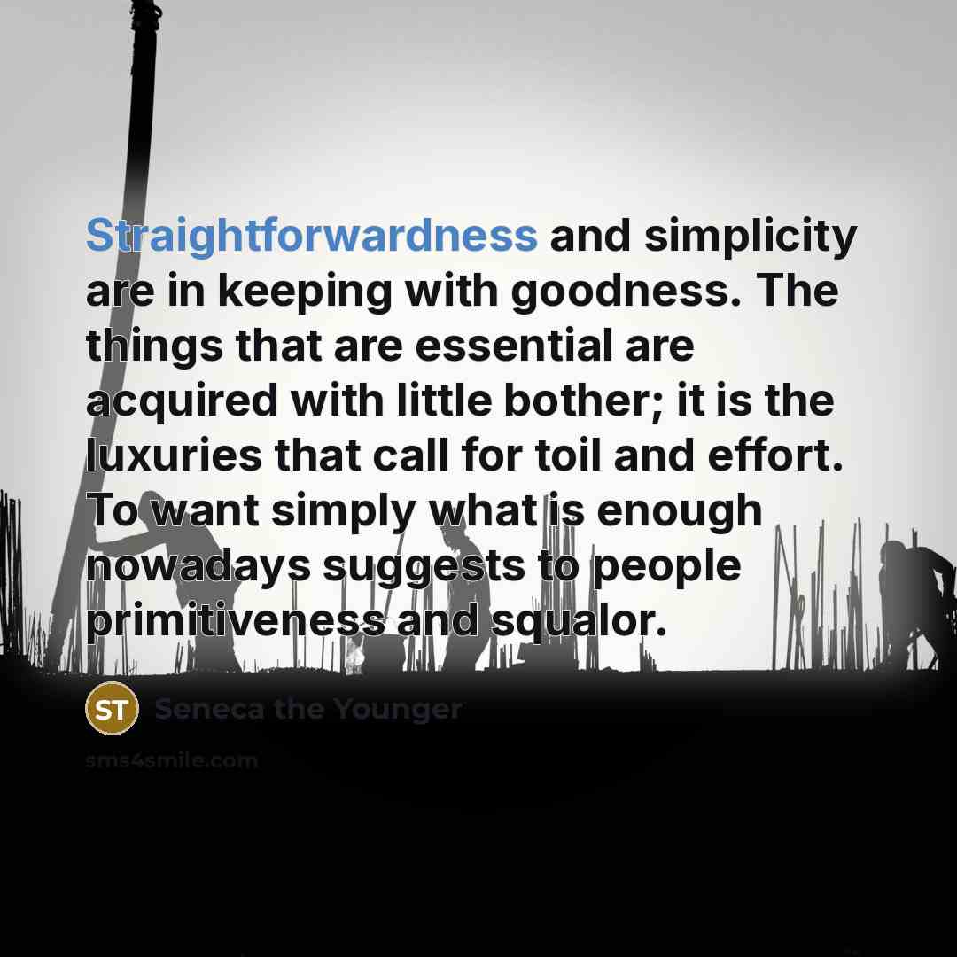 “Straightforwardness and simplicity are in keeping with goodness. The things that are essential are acquired with little bother; it is the luxuries that call for toil and effort. To want simply what is enough nowadays suggests to people primitiveness and squalor.” quote by Seneca the Younger