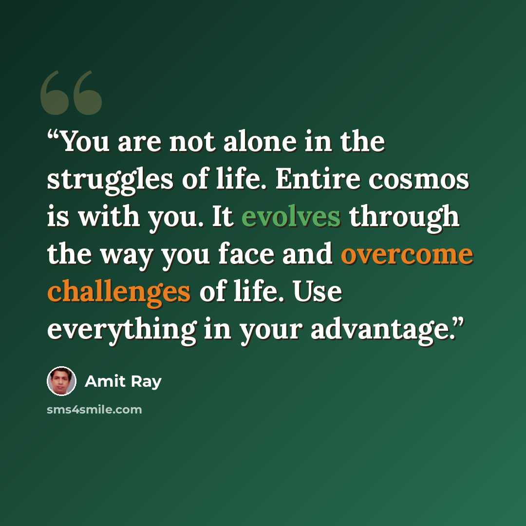 “You are not alone in the struggles of life. Entire cosmos is with you. It evolves through the way you face and overcome challenges of life. Use everything in your advantage.” quote by Amit Ray