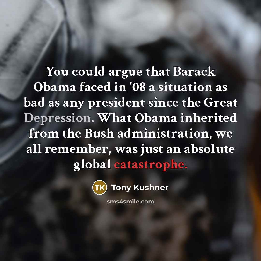 “You could argue that Barack Obama faced in '08 a situation as bad as any president since the Great Depression. What Obama inherited from the Bush administration, we all remember, was just an absolute global catastrophe.” quote by Tony Kushner