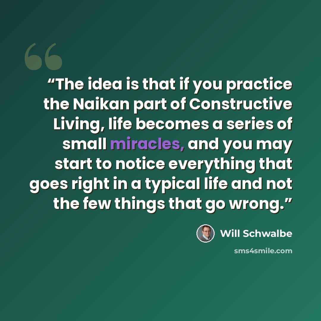 “The idea is that if you practice the Naikan part of Constructive Living, life becomes a series of small miracles, and you may start to notice everything that goes right in a typical life and not the few things that go wrong.” quote by Will Schwalbe