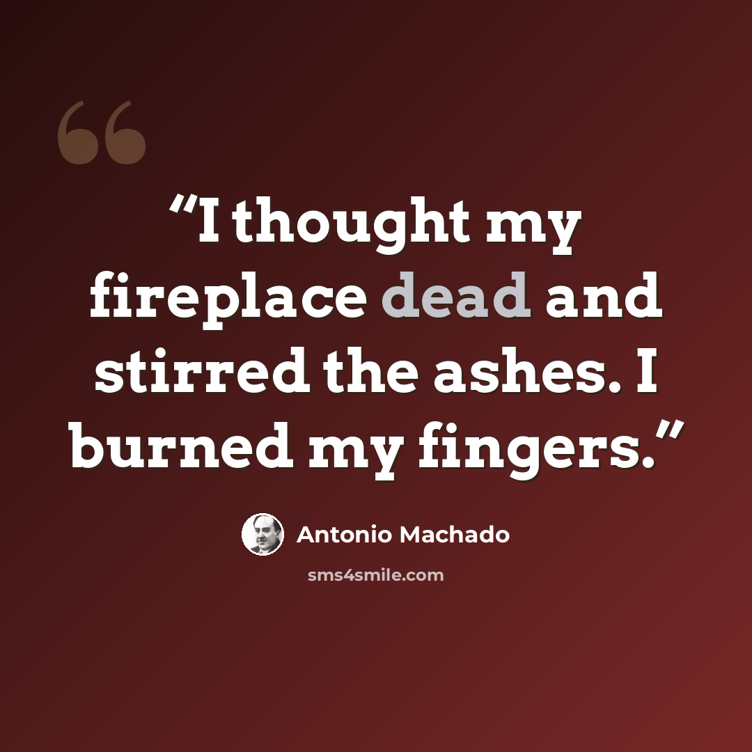 “I thought my fireplace dead and stirred the ashes. I burned my fingers.” quote by Antonio Machado