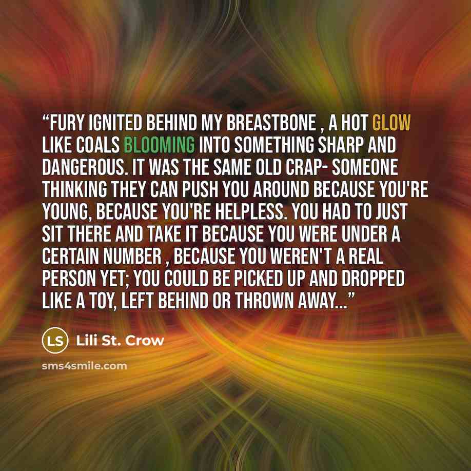 “Fury ignited behind my breastbone , a hot glow like coals blooming into something sharp and dangerous. It was the same old crap- someone thinking they can push you around because you're young, because you're helpless. You had to just sit there and take it because you were under a certain number…” quote by Lili St. Crow