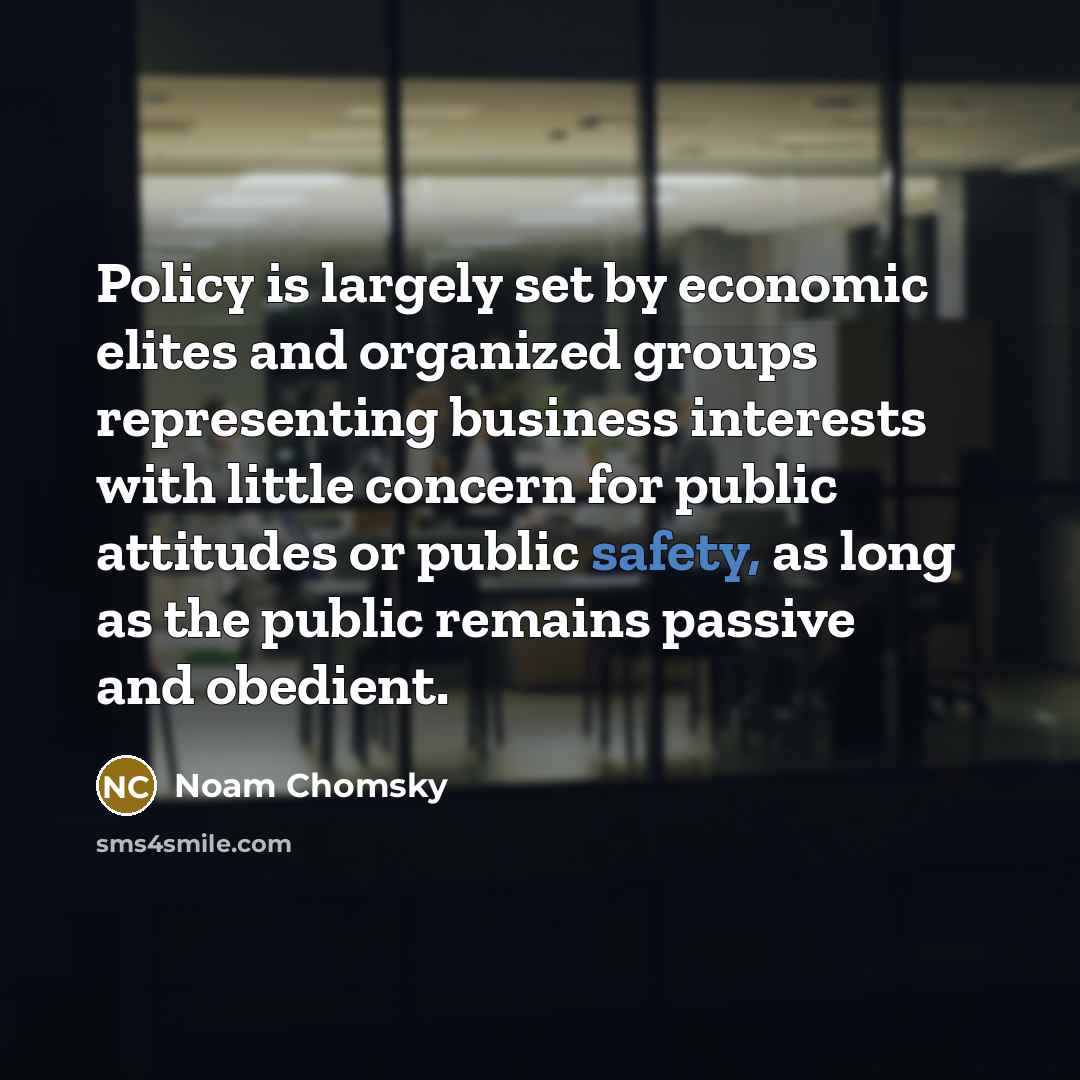 “Policy is largely set by economic elites and organized groups representing business interests with little concern for public attitudes or public safety, as long as the public remains passive and obedient.” quote by Noam Chomsky