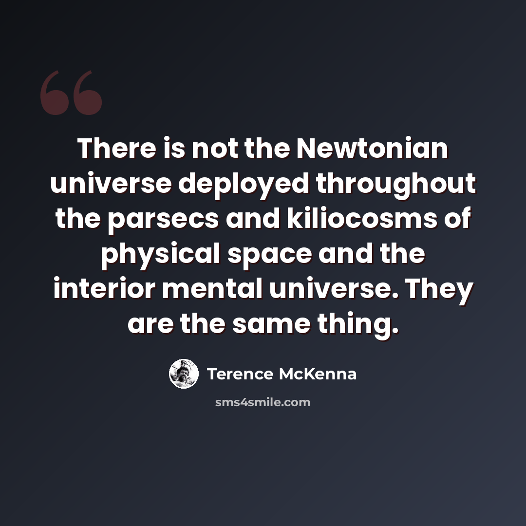 “There is not the Newtonian universe deployed throughout the parsecs and kiliocosms of physical space and the interior mental universe. They are the same thing.” quote by Terence McKenna