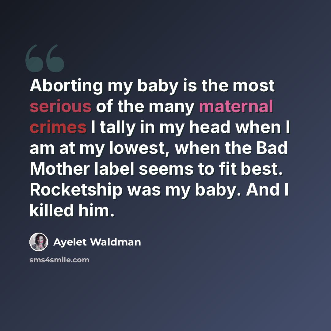 “Aborting my baby is the most serious of the many maternal crimes I tally in my head when I am at my lowest, when the Bad Mother label seems to fit best. Rocketship was my baby. And I killed him.” quote by Ayelet Waldman