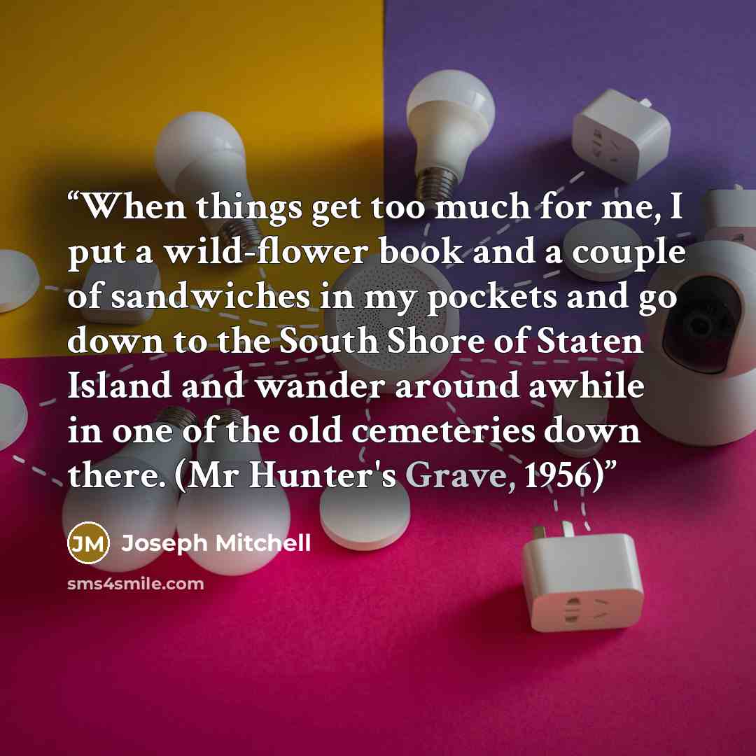 “When things get too much for me, I put a wild-flower book and a couple of sandwiches in my pockets and go down to the South Shore of Staten Island and wander around awhile in one of the old cemeteries down there. (Mr Hunter's Grave, 1956)” quote by Joseph Mitchell