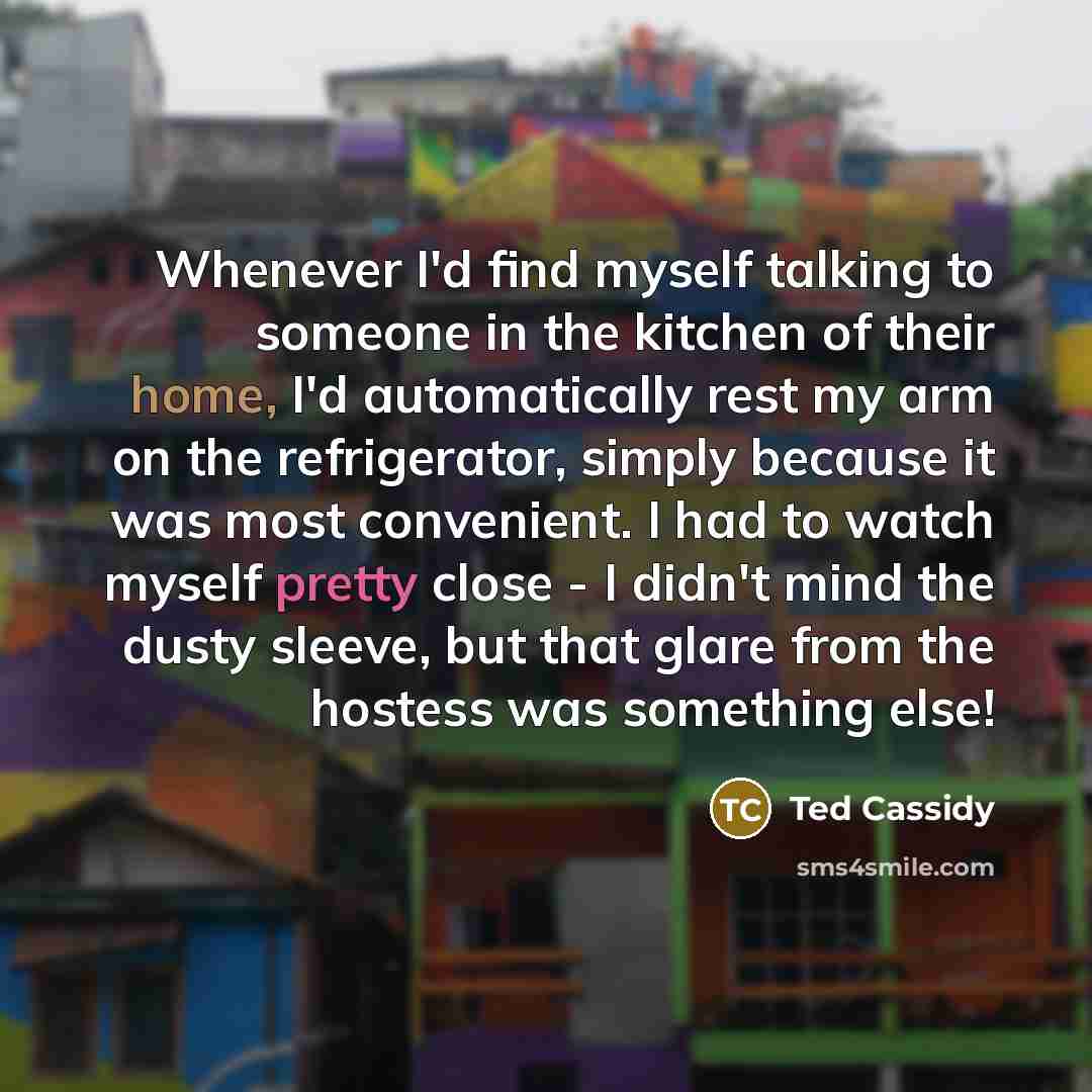 “Whenever I'd find myself talking to someone in the kitchen of their home, I'd automatically rest my arm on the refrigerator, simply because it was most convenient. I had to watch myself pretty close - I didn't mind the dusty sleeve, but that glare from the hostess was something else!” quote by Ted Cassidy