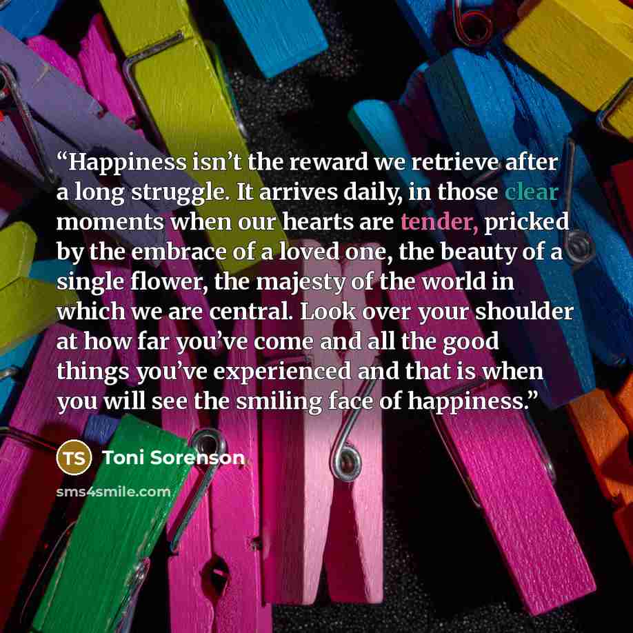 “Happiness isn’t the reward we retrieve after a long struggle. It arrives daily, in those clear moments when our hearts are tender, pricked by the embrace of a loved one, the beauty of a single flower, the majesty of the world in which we are central. Look over your shoulder at how far you’ve come…” quote by Toni Sorenson