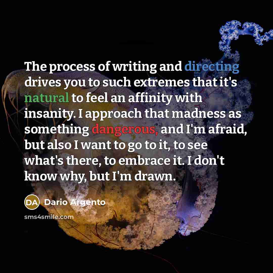 “The process of writing and directing drives you to such extremes that it's natural to feel an affinity with insanity. I approach that madness as something dangerous, and I'm afraid, but also I want to go to it, to see what's there, to embrace it. I don't know why, but I'm drawn.” quote by Dario Argento