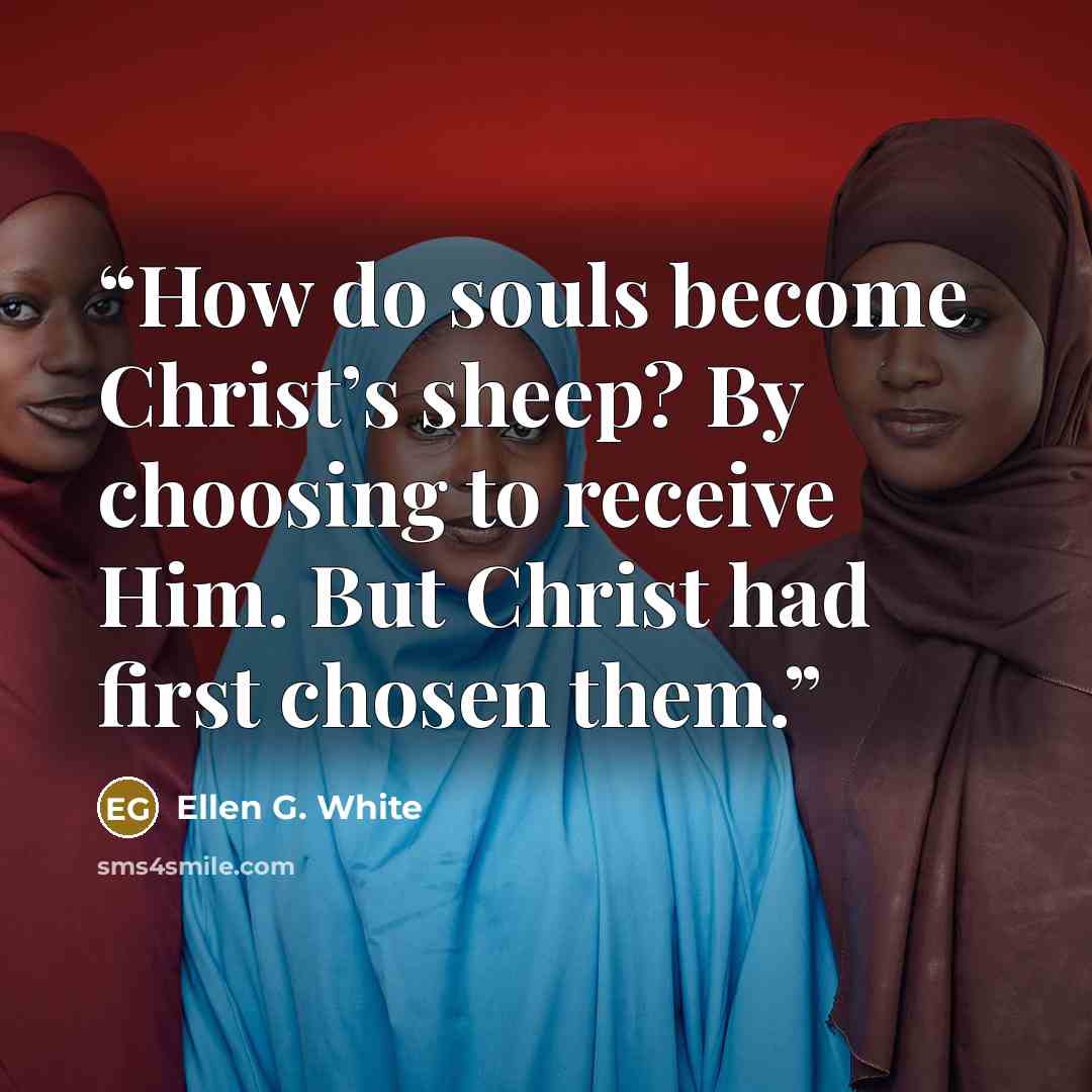 “How do souls become Christ’s sheep? By choosing to receive Him. But Christ had first chosen them.” quote by Ellen G. White