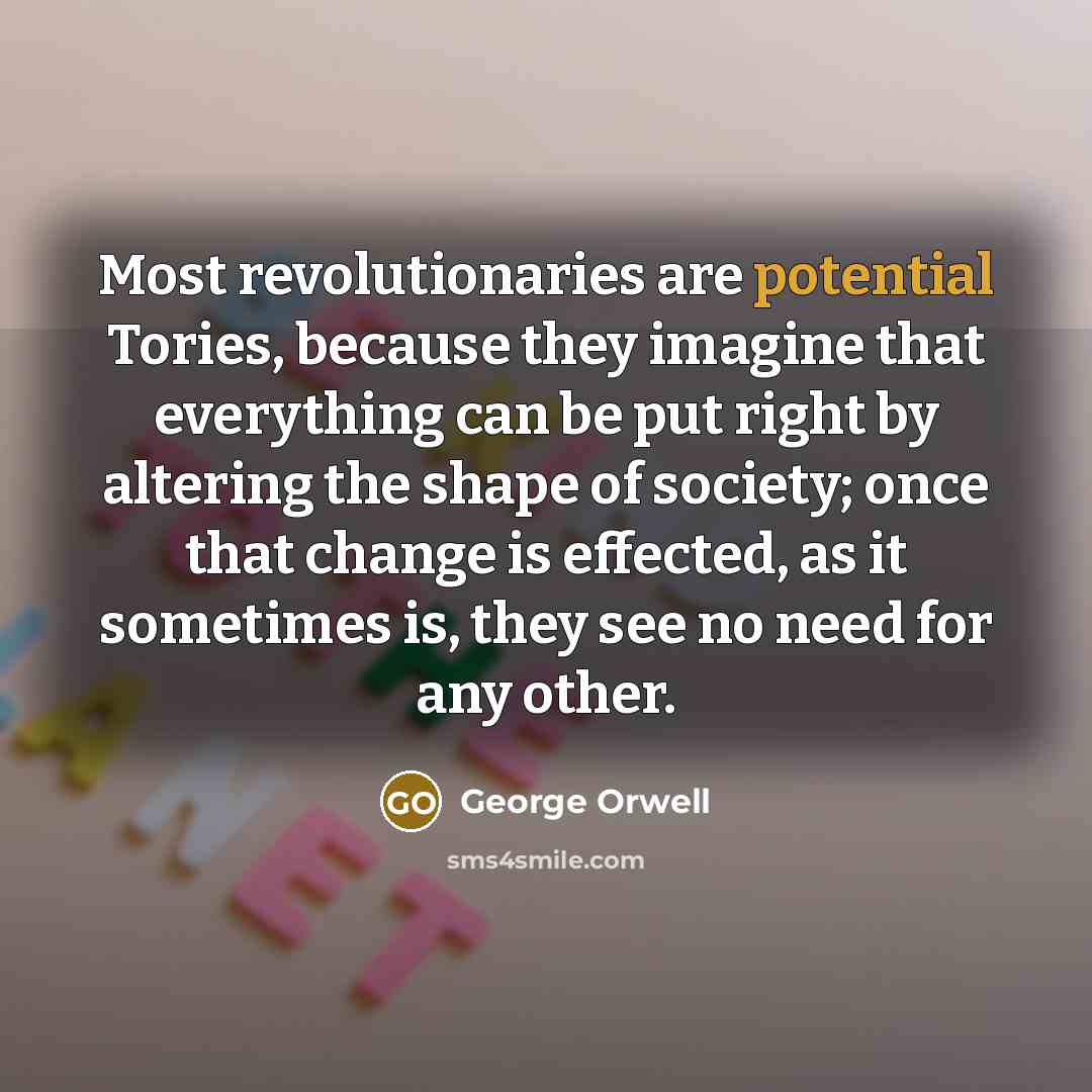 “Most revolutionaries are potential Tories, because they imagine that everything can be put right by altering the shape of society; once that change is effected, as it sometimes is, they see no need for any other.” quote by George Orwell