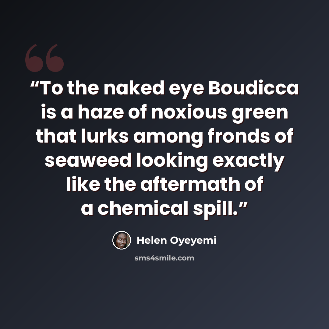“To the naked eye Boudicca is a haze of noxious green that lurks among fronds of seaweed looking exactly like the aftermath of a chemical spill.” quote by Helen Oyeyemi
