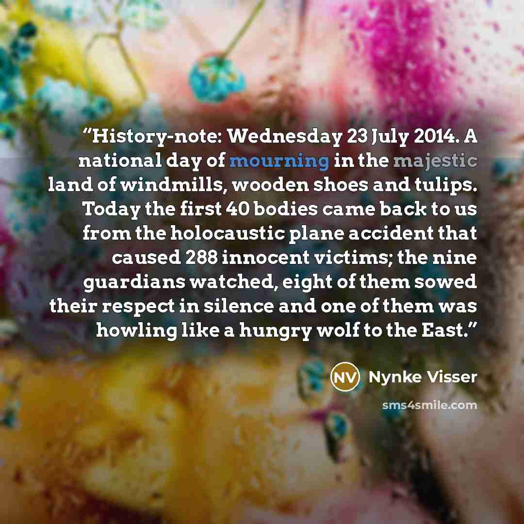 “History-note: Wednesday 23 July 2014. A national day of mourning in the majestic land of windmills, wooden shoes and tulips. Today the first 40 bodies came back to us from the holocaustic plane accident that caused 288 innocent victims; the nine guardians watched, eight of them sowed their respect…” quote by Nynke Visser