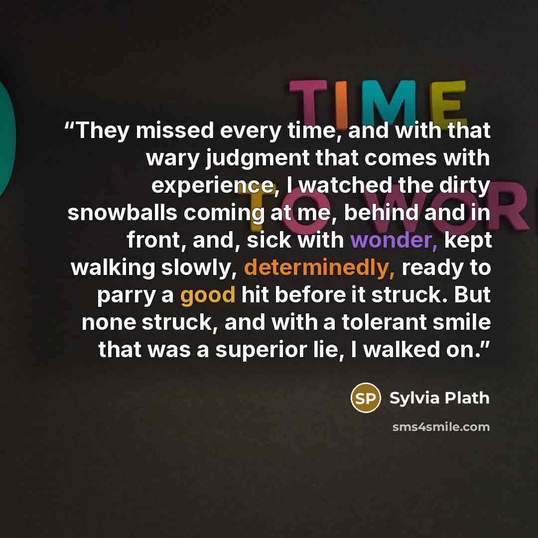 “They missed every time, and with that wary judgment that comes with experience, I watched the dirty snowballs coming at me, behind and in front, and, sick with wonder, kept walking slowly, determinedly, ready to parry a good hit before it struck. But none struck, and with a tolerant smile that was…” quote by Sylvia Plath